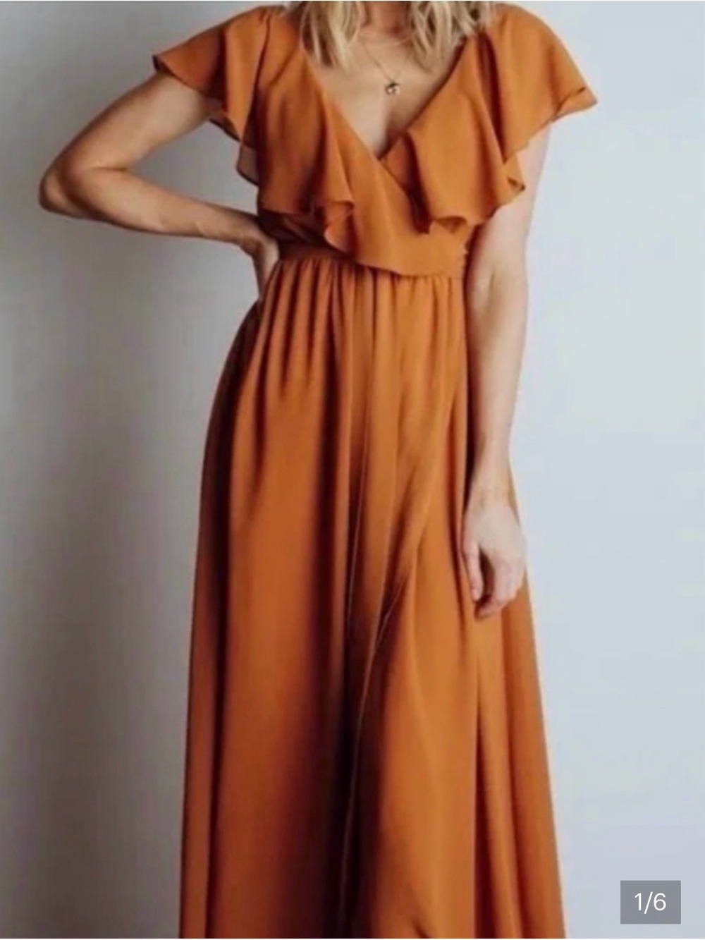Baltic Born Katya Dress Ruffle V-Neck Maxi in Rust Orange XL